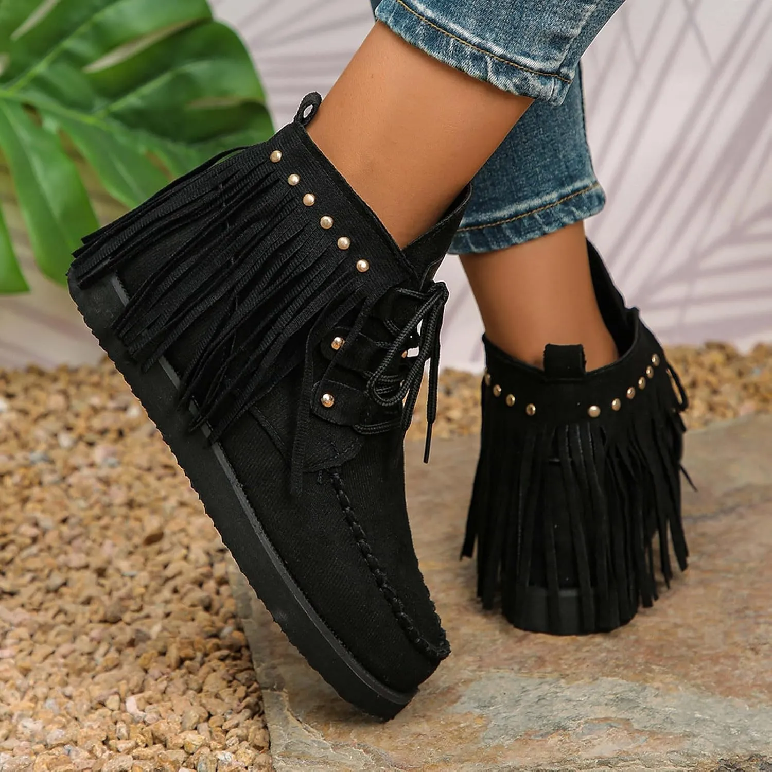 Fringe Cowboy Boots for Women Lightweight Comfy Suede Boho Ankle Booties Slip On Dress Walking Shoes Bohemian Vintage Tassel Lace Up Wide Round Toe Short Boots