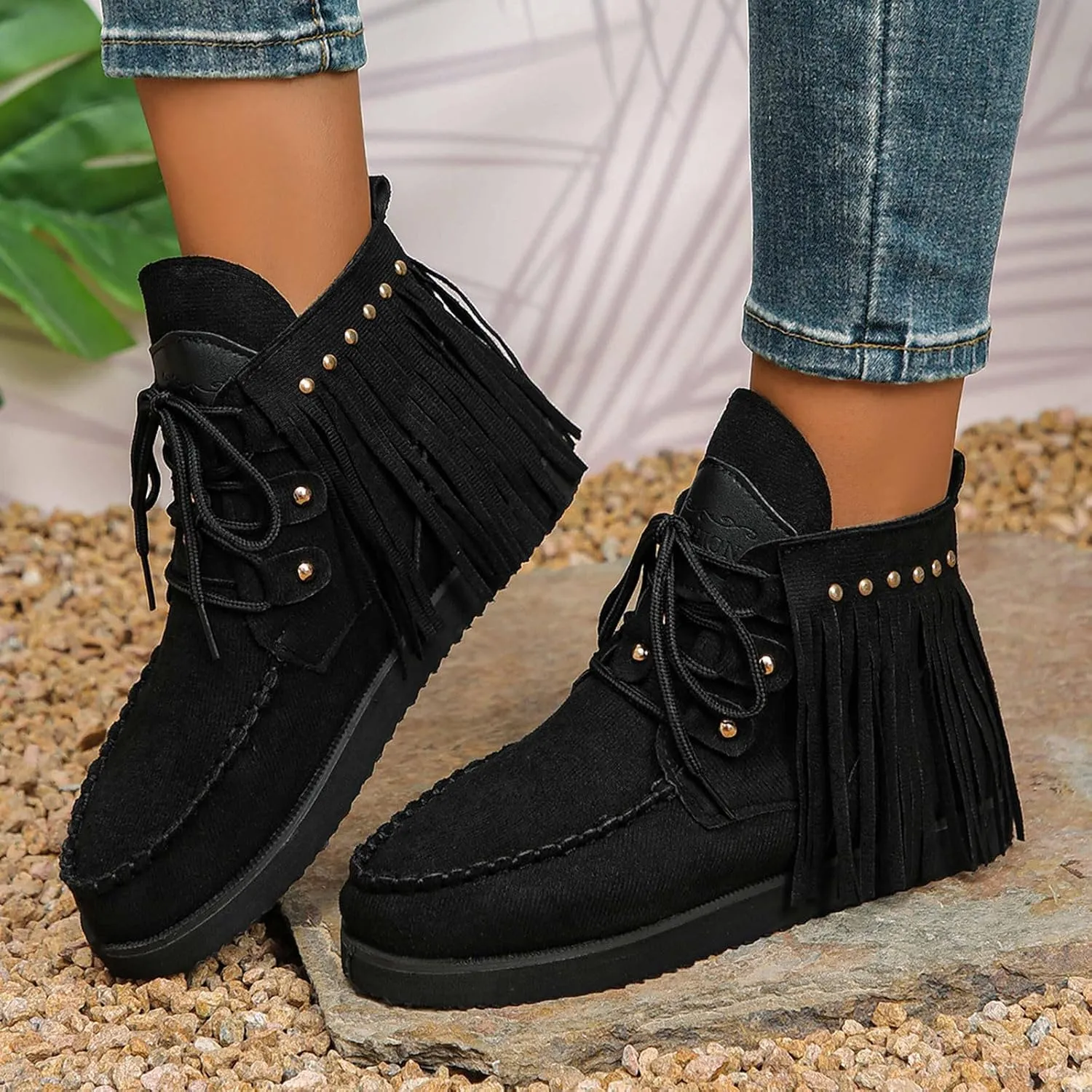 Fringe Cowboy Boots for Women Lightweight Comfy Suede Boho Ankle Booties Slip On Dress Walking Shoes Bohemian Vintage Tassel Lace Up Wide Round Toe Short Boots