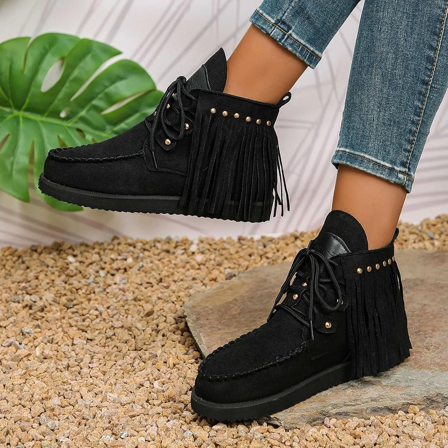 Fringe Cowboy Boots for Women Lightweight Comfy Suede Boho Ankle Booties Slip On Dress Walking Shoes Bohemian Vintage Tassel Lace Up Wide Round Toe Short Boots