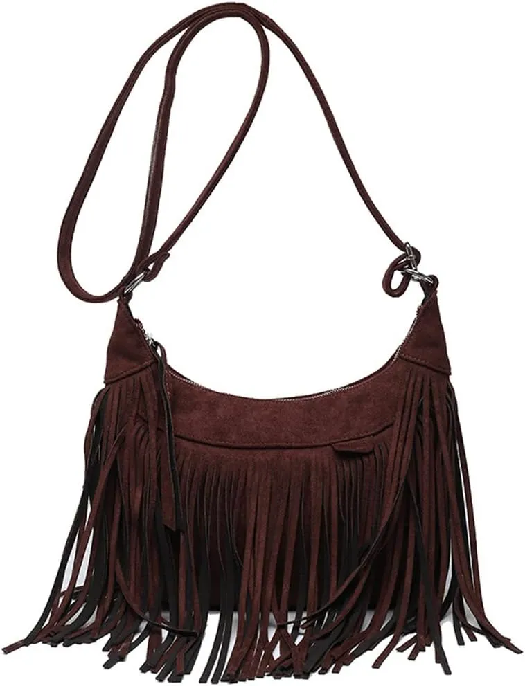 Fringe Crossbody Bag for Women Vintage Suede Hobo Purse Handbags Shoulder Bag Bohemian Messenger Bags Zip Satchel