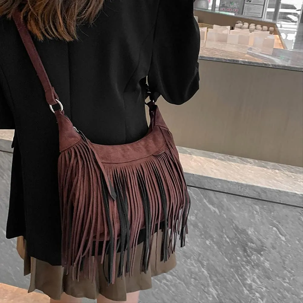 Fringe Crossbody Bag for Women Vintage Suede Hobo Purse Handbags Shoulder Bag Bohemian Messenger Bags Zip Satchel