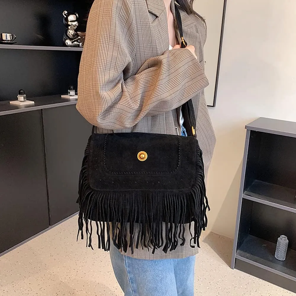 Fringe Crossbody for Women Vintage Messenger Suede Hobo Purse Flap Satchel Shoulder Bohemian Handbag
