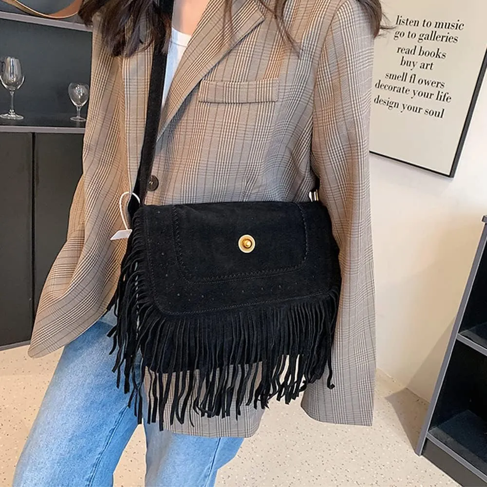 Fringe Crossbody for Women Vintage Messenger Suede Hobo Purse Flap Satchel Shoulder Bohemian Handbag