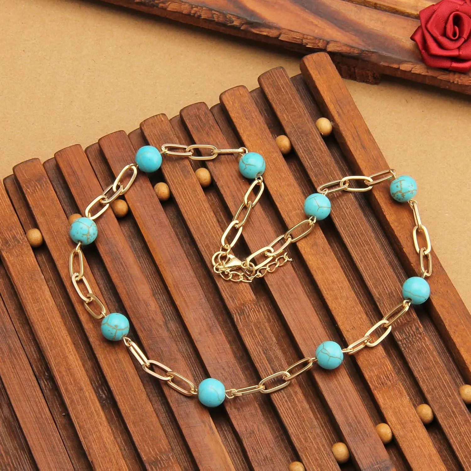 GelConnie Boho Necklaces for Women Layered Beaded Necklaces Pearl Sweater Necklace Turquoise Chunky Necklace Adjustable Choker Necklace for Women