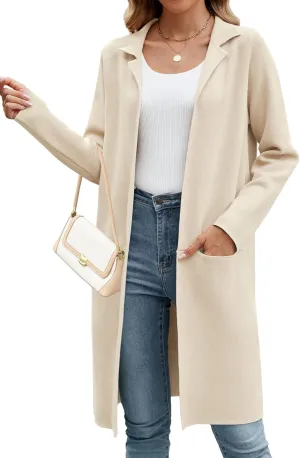 Genhoo Womens Long Cardigan Sweaters Knit Open Front Coatigan Lapel Knee Length Cardigan Coat with Pockets
