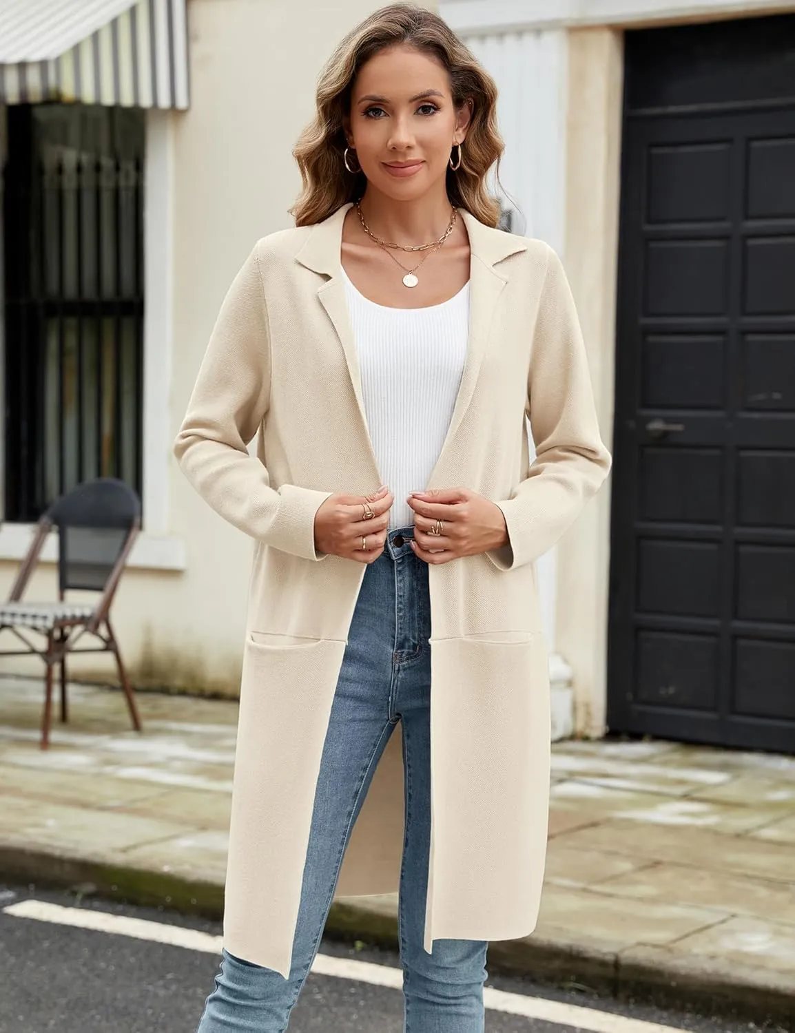 Genhoo Womens Long Cardigan Sweaters Knit Open Front Coatigan Lapel Knee Length Cardigan Coat with Pockets