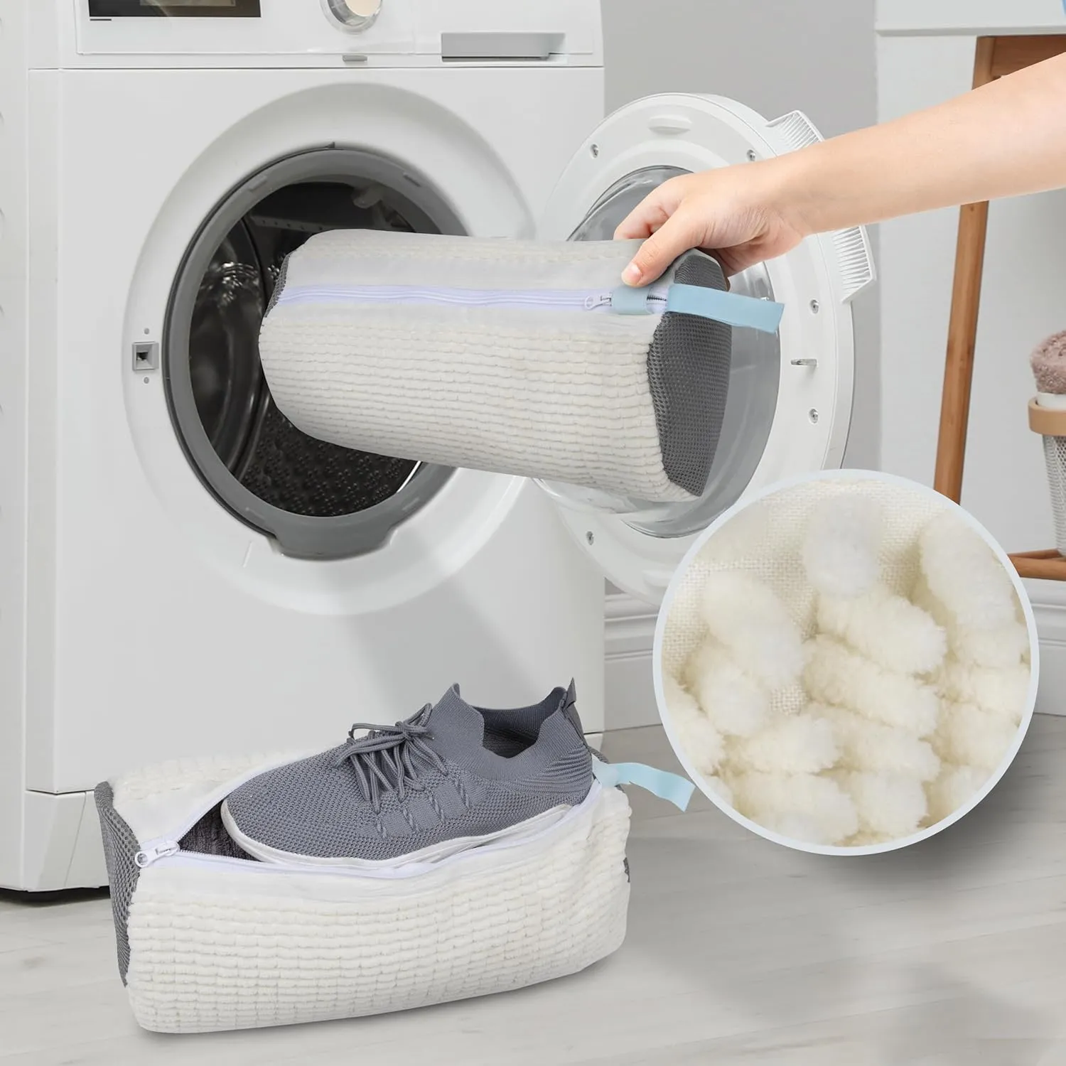 Gentle Fiber Shoe Laundry Bag for Washing Machine & Dryer - Reusable Fluffy Pouch with Zipper - Cleaning Delicate Footwear - Sneakers, Running, Casual & Other Types of Shoes - 2 Bags (White)