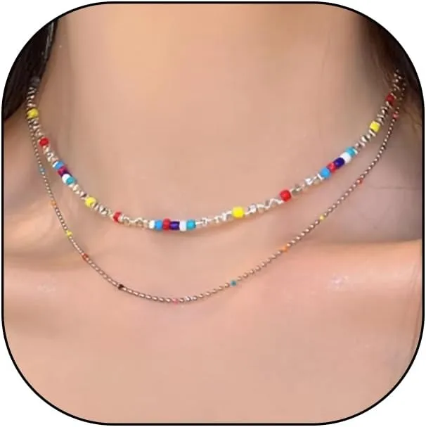 GIGB PBDK Colorful Beaded Necklace Set for Women,Bohemia Layered Stacked Round Bead Collarbone Choker,Minimalist Cute Beaded Necklace Charm Jewelry Gifts