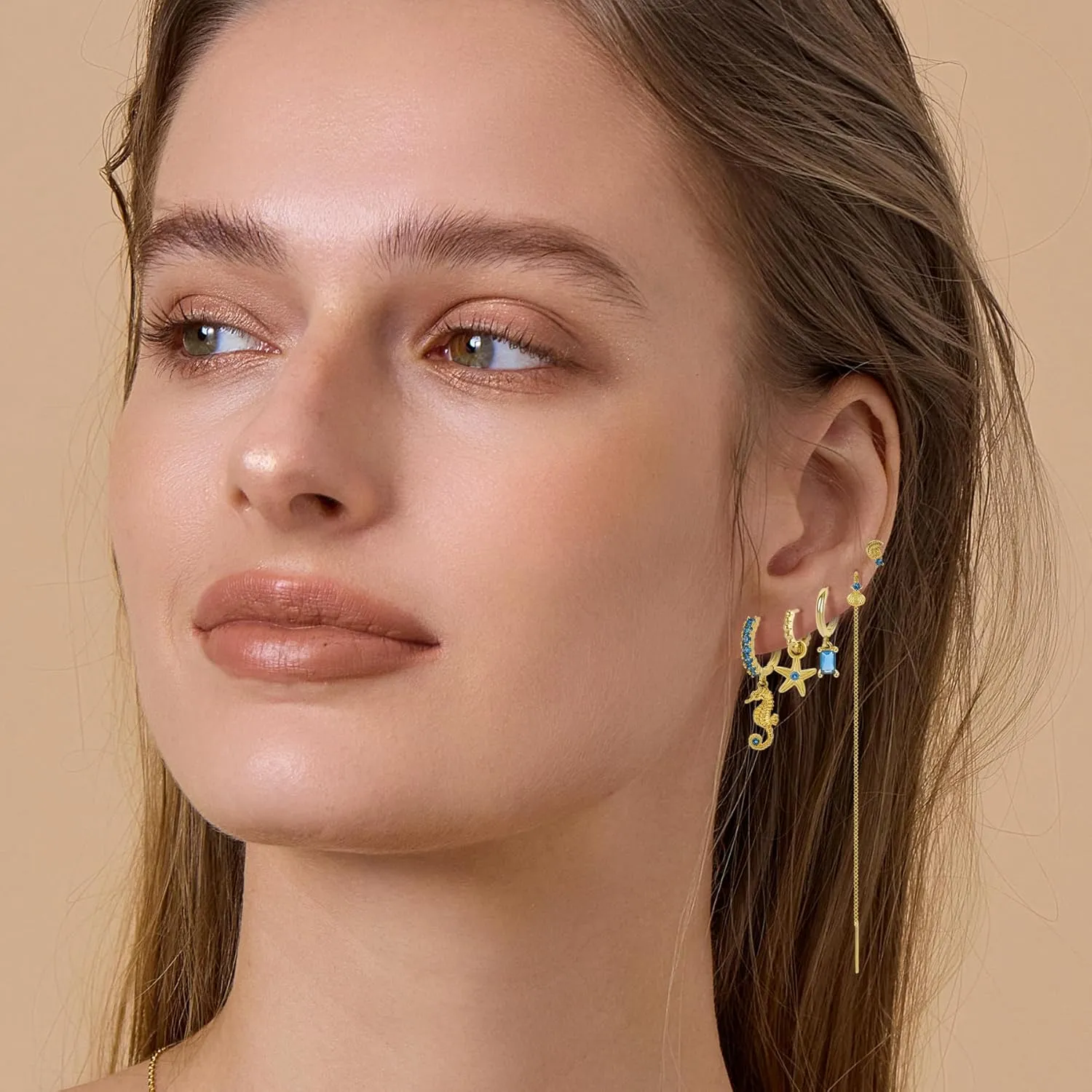 Gold Earrings Set for Women 14K Gold Plated Cubic Zirconia Love Heart Bowknot Clover Fruit Flower Insect Ocean Cross Huggie Hoop Earrings Stud Earrings Set for Multiple Piercing Party Jewelry Gifts