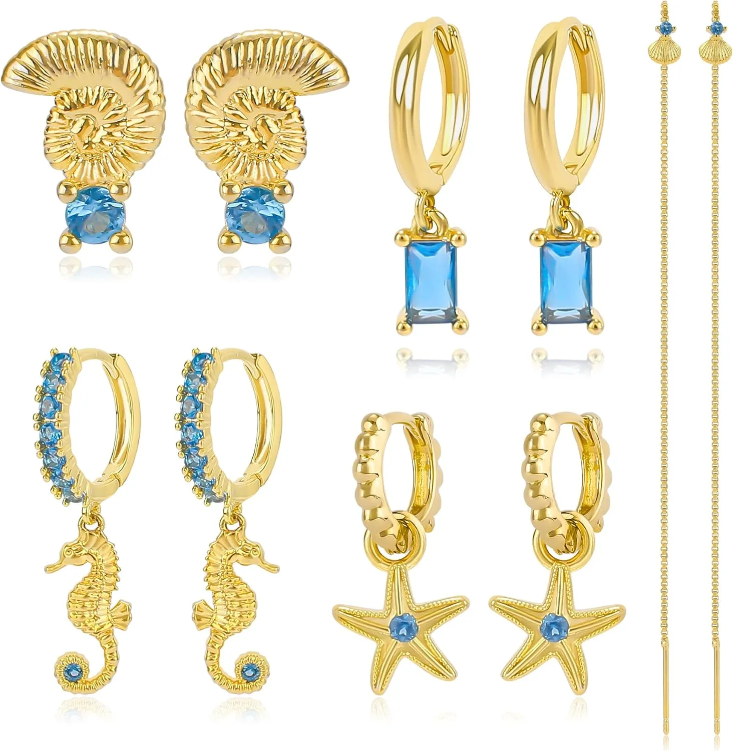 Gold Earrings Set for Women 14K Gold Plated Cubic Zirconia Love Heart Bowknot Clover Fruit Flower Insect Ocean Cross Huggie Hoop Earrings Stud Earrings Set for Multiple Piercing Party Jewelry Gifts