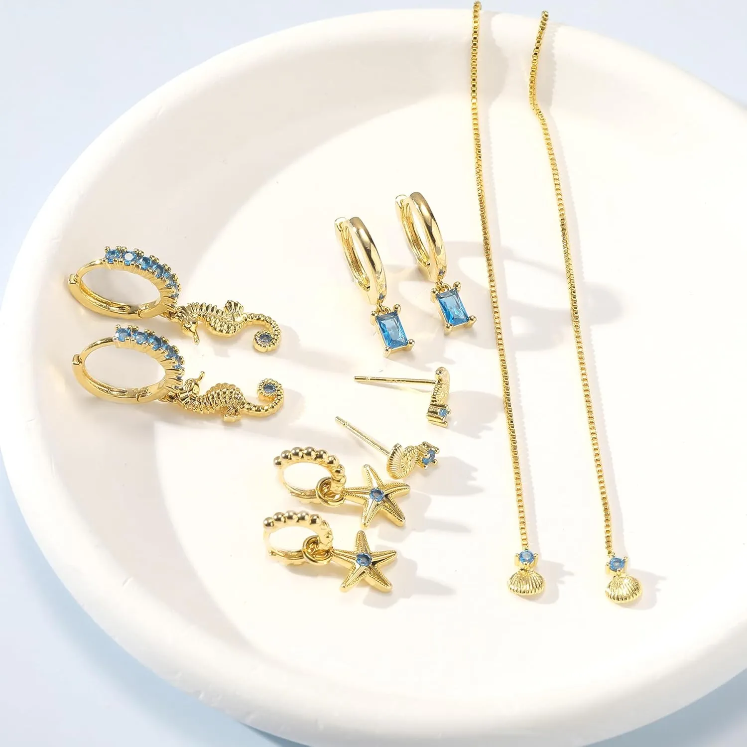 Gold Earrings Set for Women 14K Gold Plated Cubic Zirconia Love Heart Bowknot Clover Fruit Flower Insect Ocean Cross Huggie Hoop Earrings Stud Earrings Set for Multiple Piercing Party Jewelry Gifts