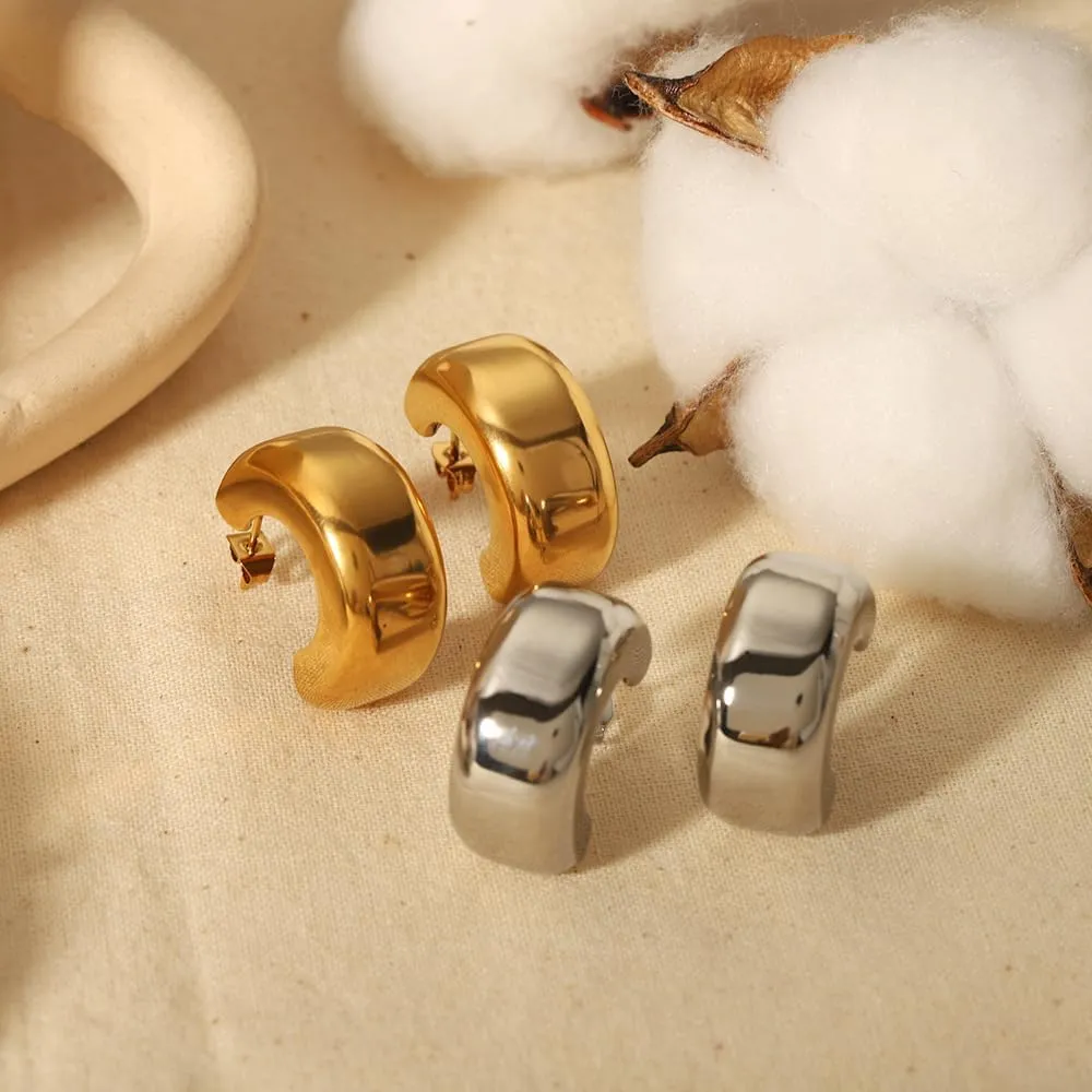 Gold Hoop Earrings for Women, Large Glossy Chunky Open Earrings Thick Drop Earrings 18K Gold Stainless Steel Studs, Minimalist Fashion Geometric Earrings