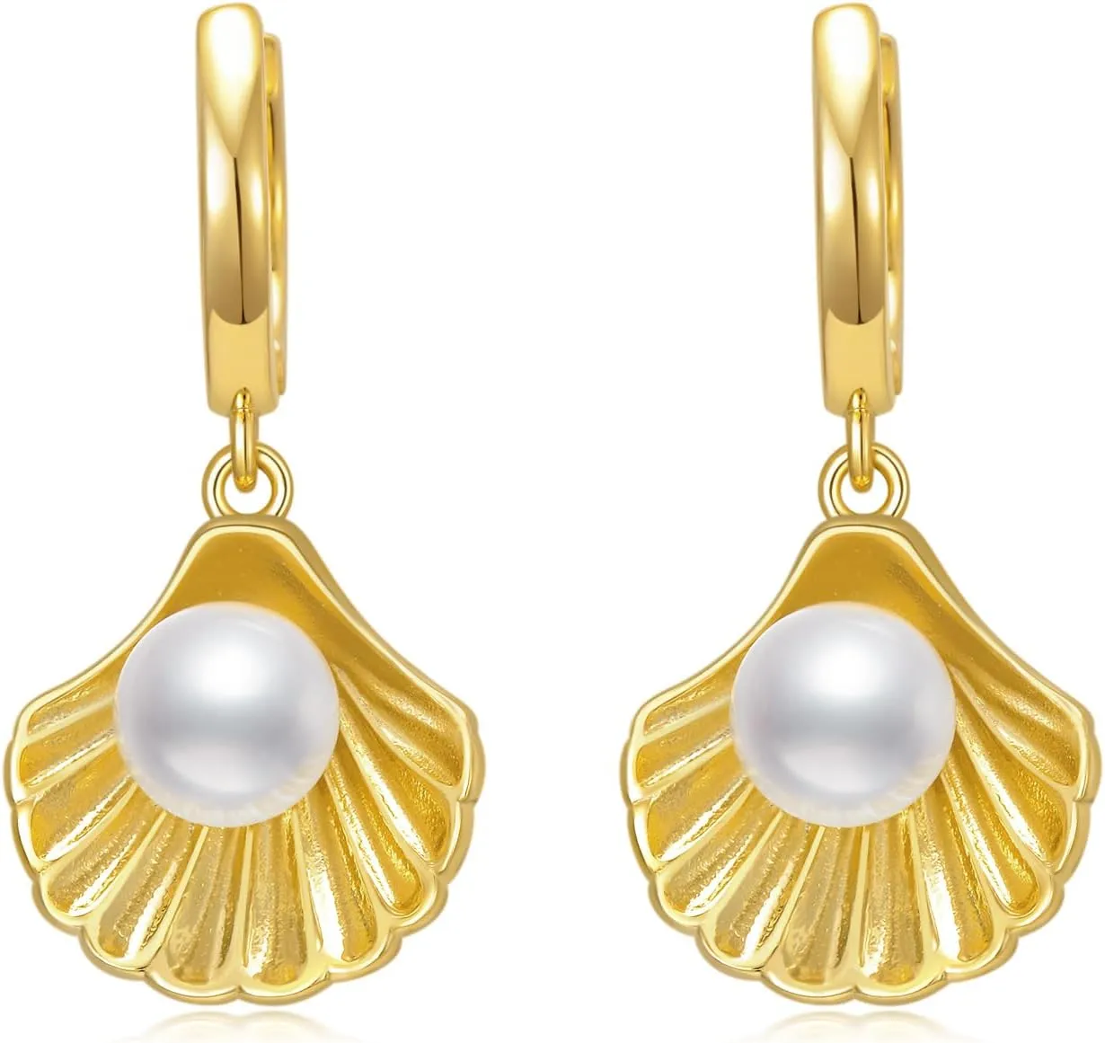 Gold-Plated Shell Dangle Earrings for Women Sterling Silver Shell with Pearl Drop Huggie Seashell Jewelry Gift for Mother Wife