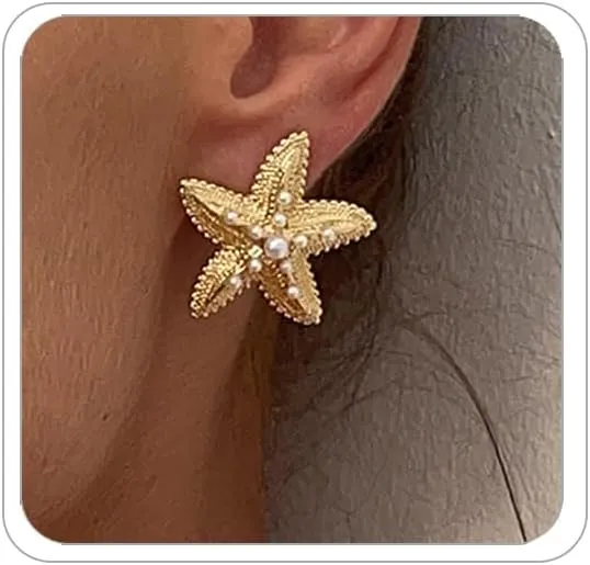 Gold Shell Starfish Earrings for WomenTrendy Bohemian Starfish Dangle Stud Earrings Hawaiian Summer Beach Ocean Earrings Beach Jewelry Costume Accessories