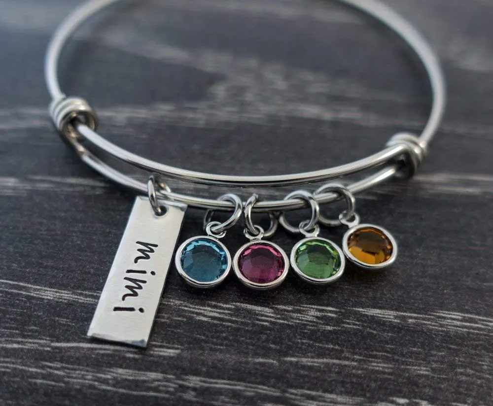 Grandma Bracelet Mimi YaYa Nana Gigi Mom Aunt Personalized Charm Bangle Birthstone Gift Mom Jewelry
