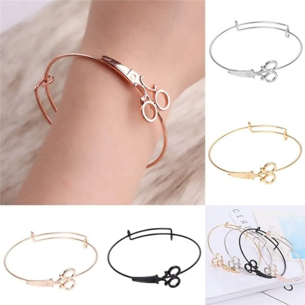 Greendou Fashion Jewelry Minimalist Shears Scissor Bangle Stacking Adjustable Wire Bracelet for Hairdresser (Silver)