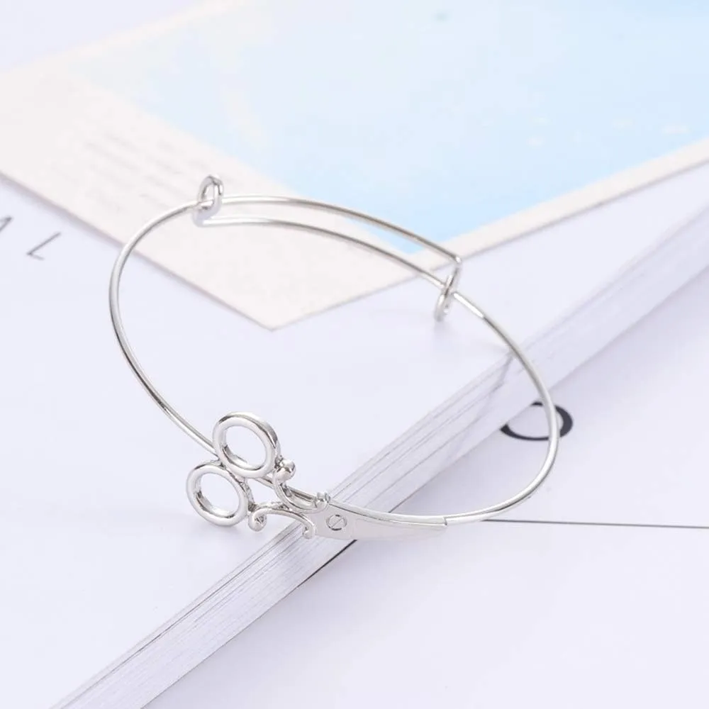 Greendou Fashion Jewelry Minimalist Shears Scissor Bangle Stacking Adjustable Wire Bracelet for Hairdresser (Silver)