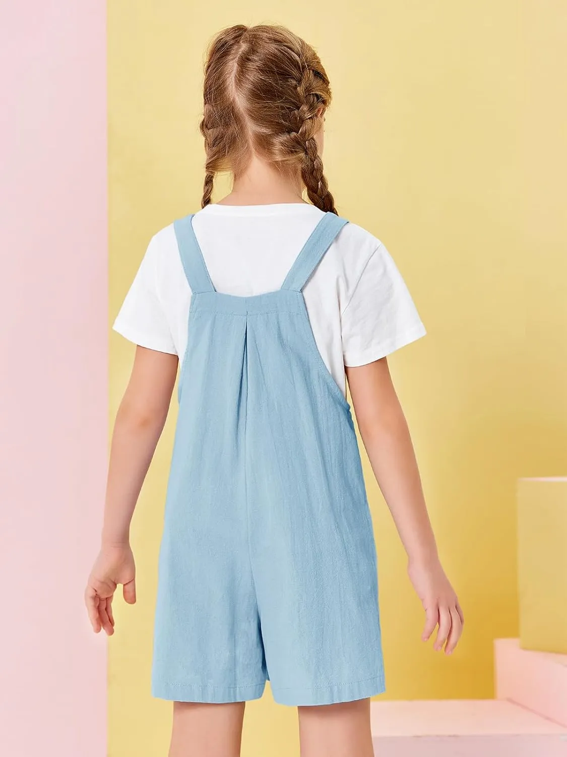Haloumoning Girls Overall Shorts Kids Summer Casual Adjustable Strap Rompers with Pockets 5-14 Years