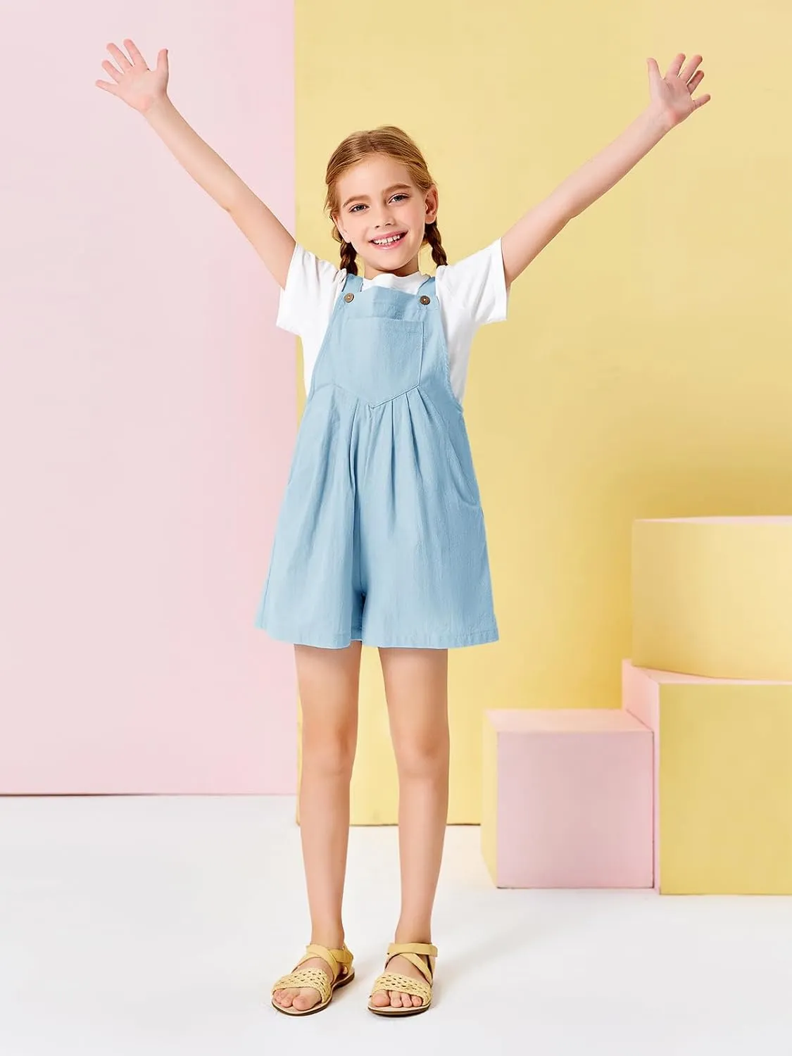 Haloumoning Girls Overall Shorts Kids Summer Casual Adjustable Strap Rompers with Pockets 5-14 Years