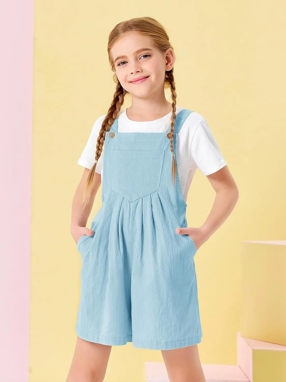 Haloumoning Girls Overall Shorts Kids Summer Casual Adjustable Strap Rompers with Pockets 5-14 Years
