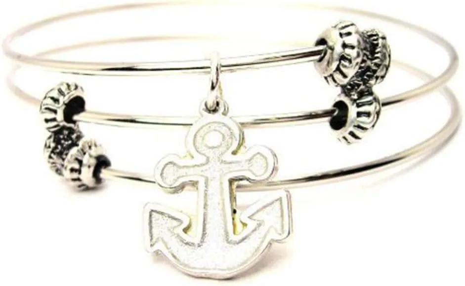 Hand Painted Sparkle Silver Anchor Shaped Charm Expandable Wire Triple Style Bangle Bracelet, 2.5"