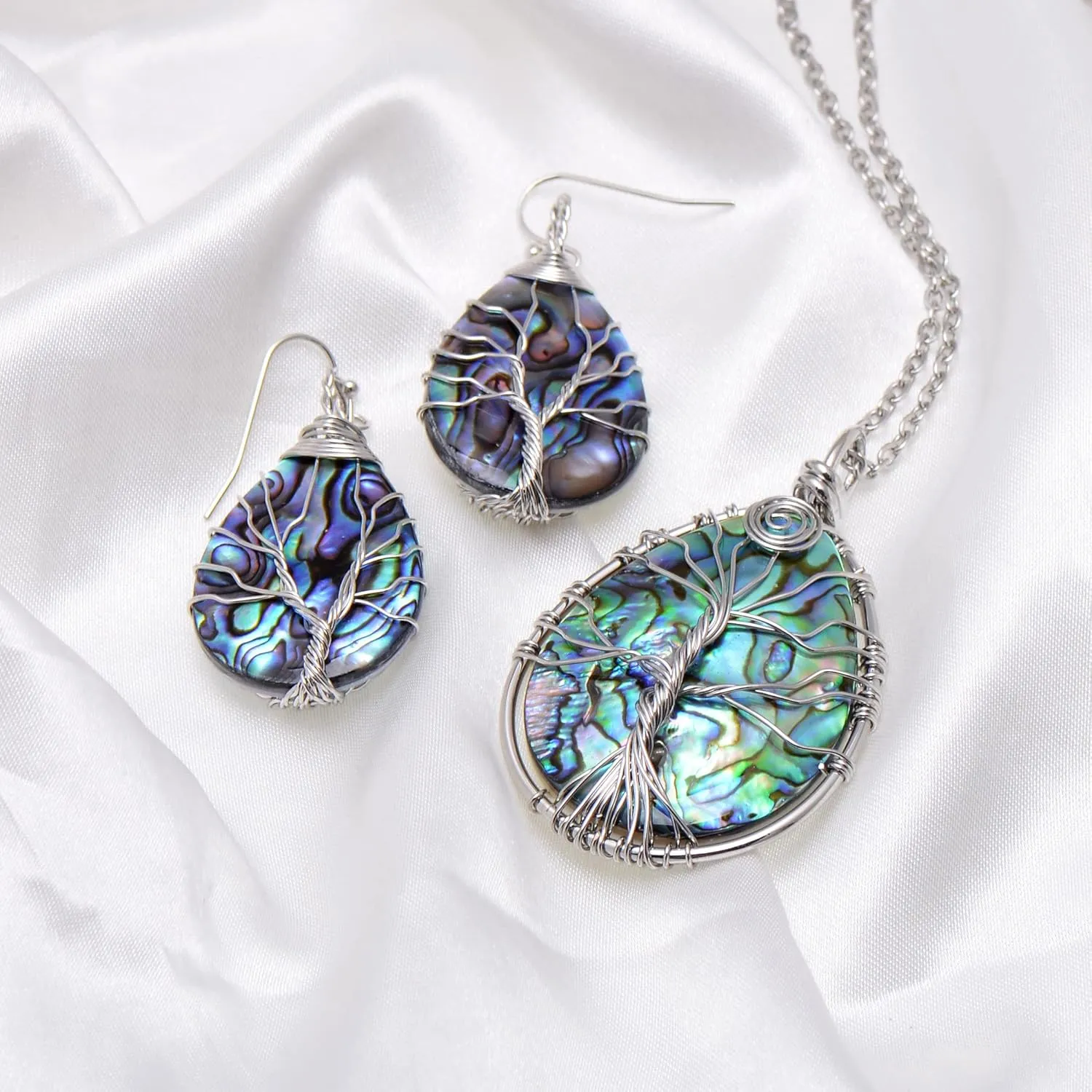 Hand Wired Tree of Life Sea Abalone Shell Jewelry Set Drop Earrings & Pendant Necklace, Silver
