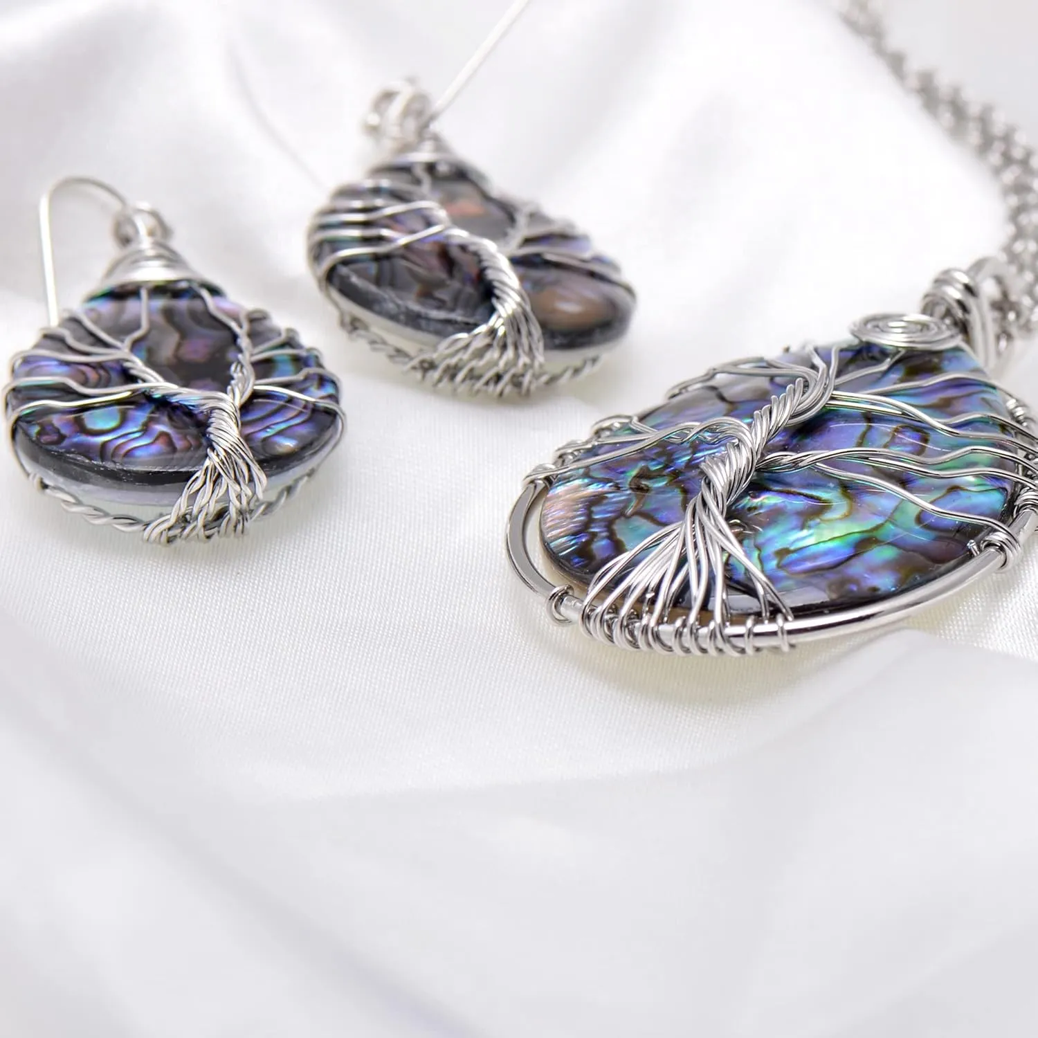Hand Wired Tree of Life Sea Abalone Shell Jewelry Set Drop Earrings & Pendant Necklace, Silver