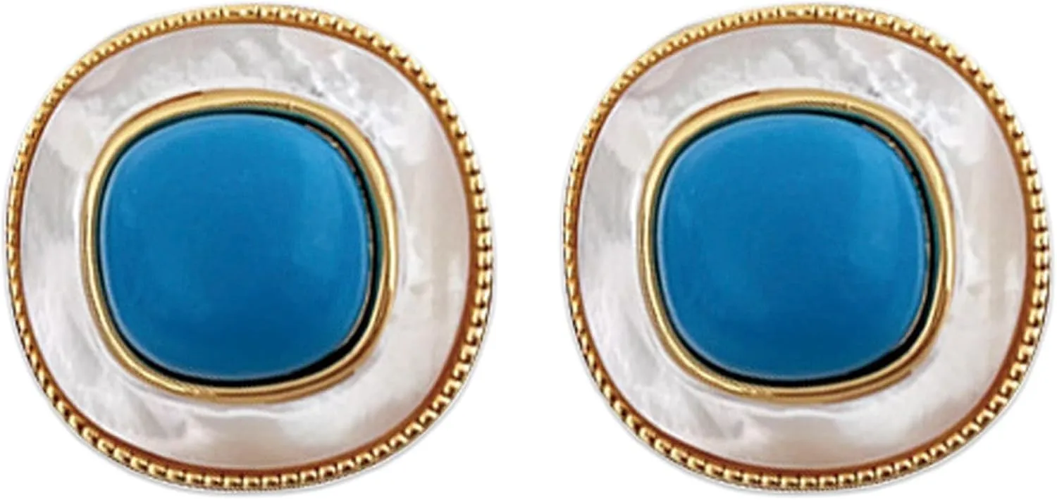 Handmade Square Natural Shell Turquoise Stud Earrings, 18K Gold Plated for Women and Girls Trendy Earrings Gift Jewelry for her