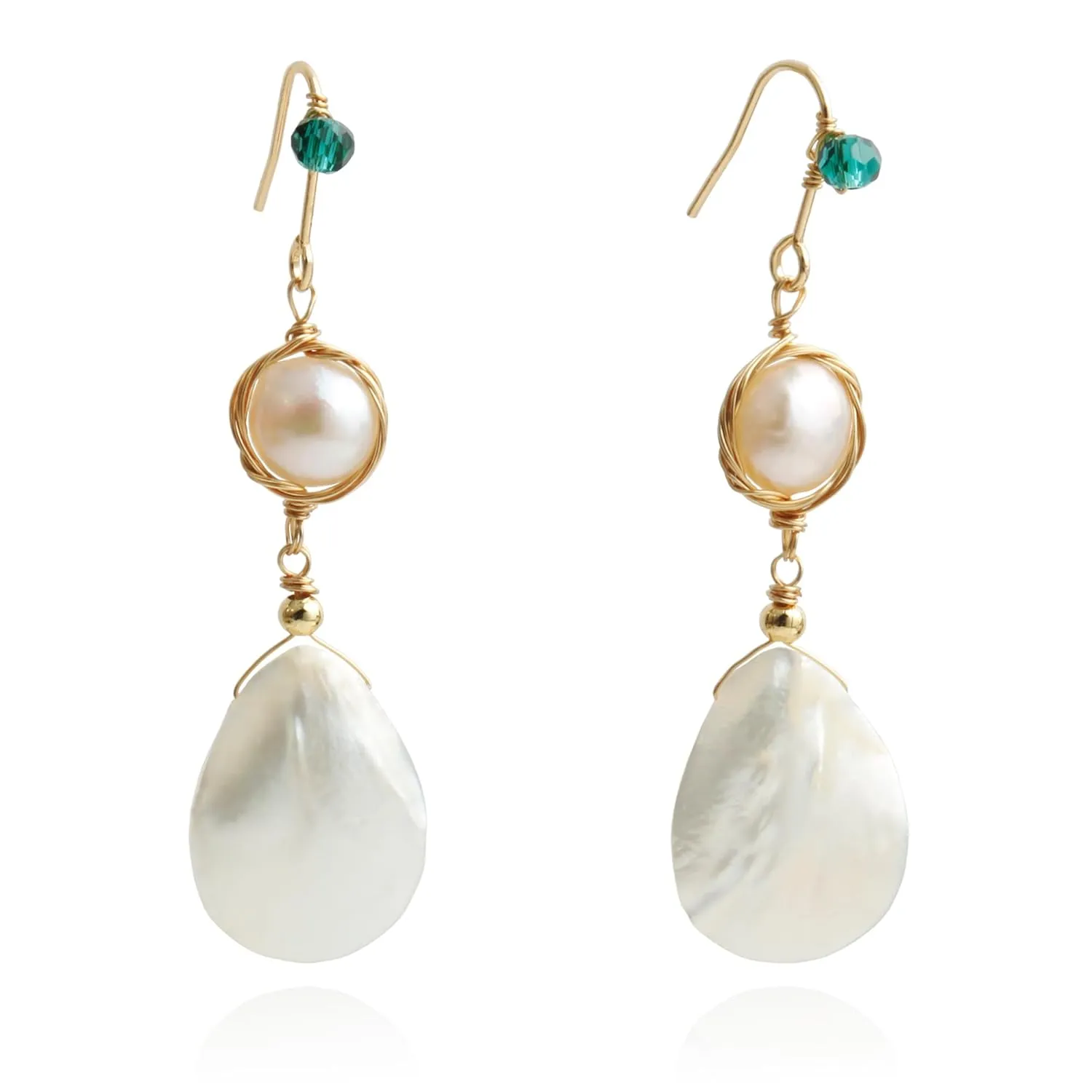 Handmade Wire Craft Baroque Pearl Teardrop Shell Dangle Earrings for Women, 14K Gold Plated