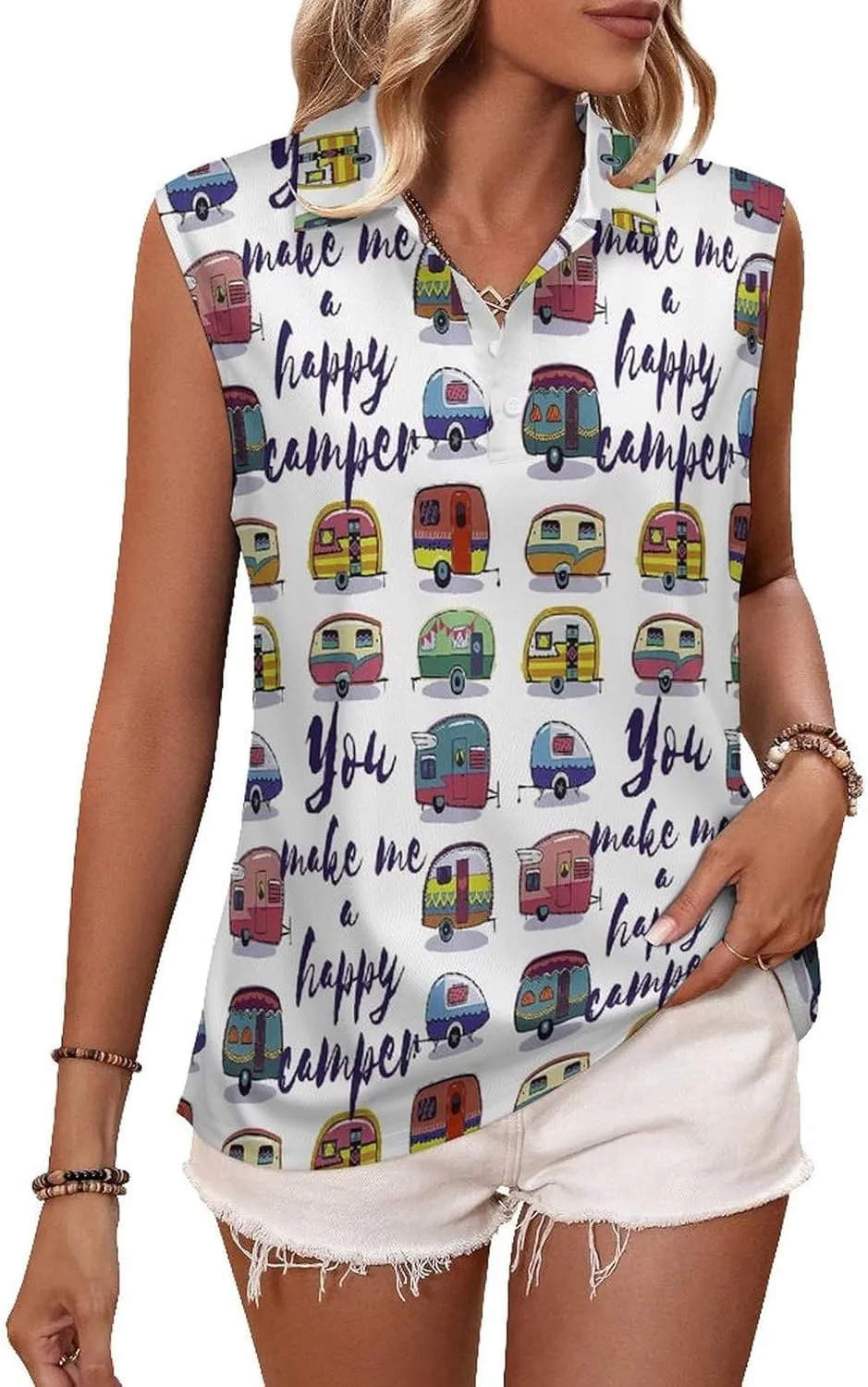 Happy Van Vehicles Women's Sleeveless Golf Polo Shirts Athletic Tank Tops