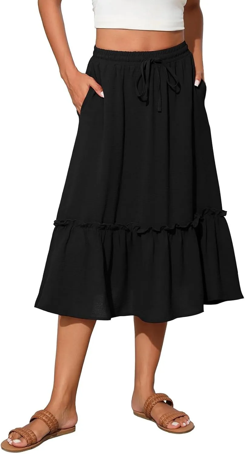 High Waisted Skirts for Women 2025 Cotton Flowy A Line Tiered Midi Skirt with Pockets Summer Beach Comfy Casual Skirt