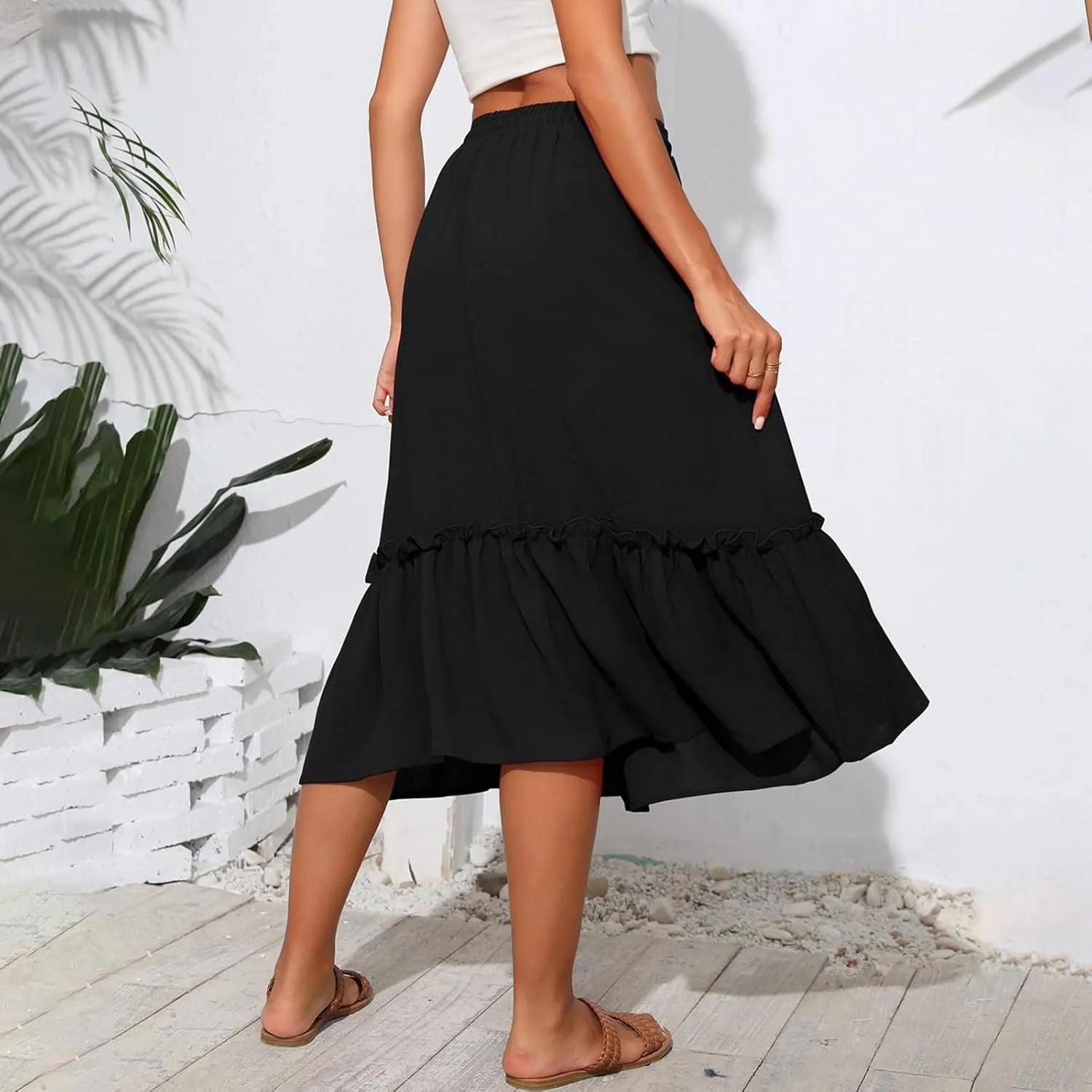 High Waisted Skirts for Women 2025 Cotton Flowy A Line Tiered Midi Skirt with Pockets Summer Beach Comfy Casual Skirt
