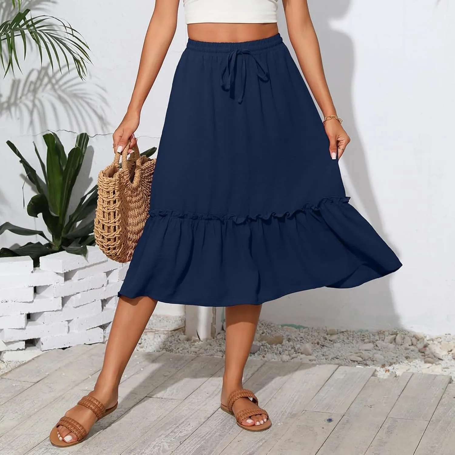 High Waisted Skirts for Women 2025 Cotton Flowy A Line Tiered Midi Skirt with Pockets Summer Beach Comfy Casual Skirt