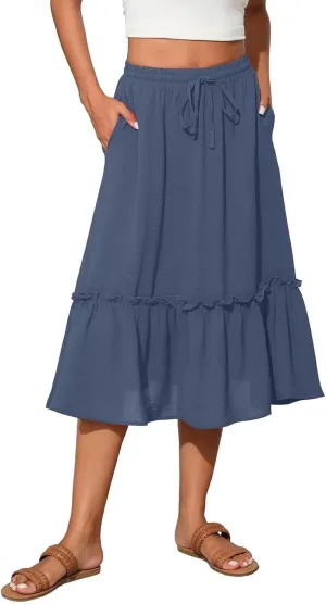 High Waisted Skirts for Women 2025 Cotton Flowy A Line Tiered Midi Skirt with Pockets Summer Beach Comfy Casual Skirt