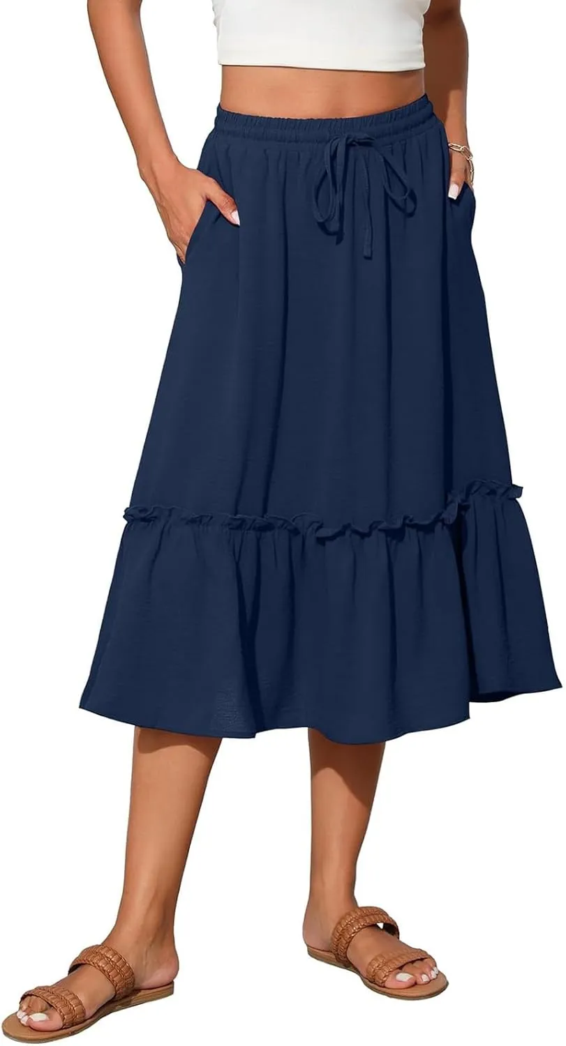 High Waisted Skirts for Women 2025 Cotton Flowy A Line Tiered Midi Skirt with Pockets Summer Beach Comfy Casual Skirt