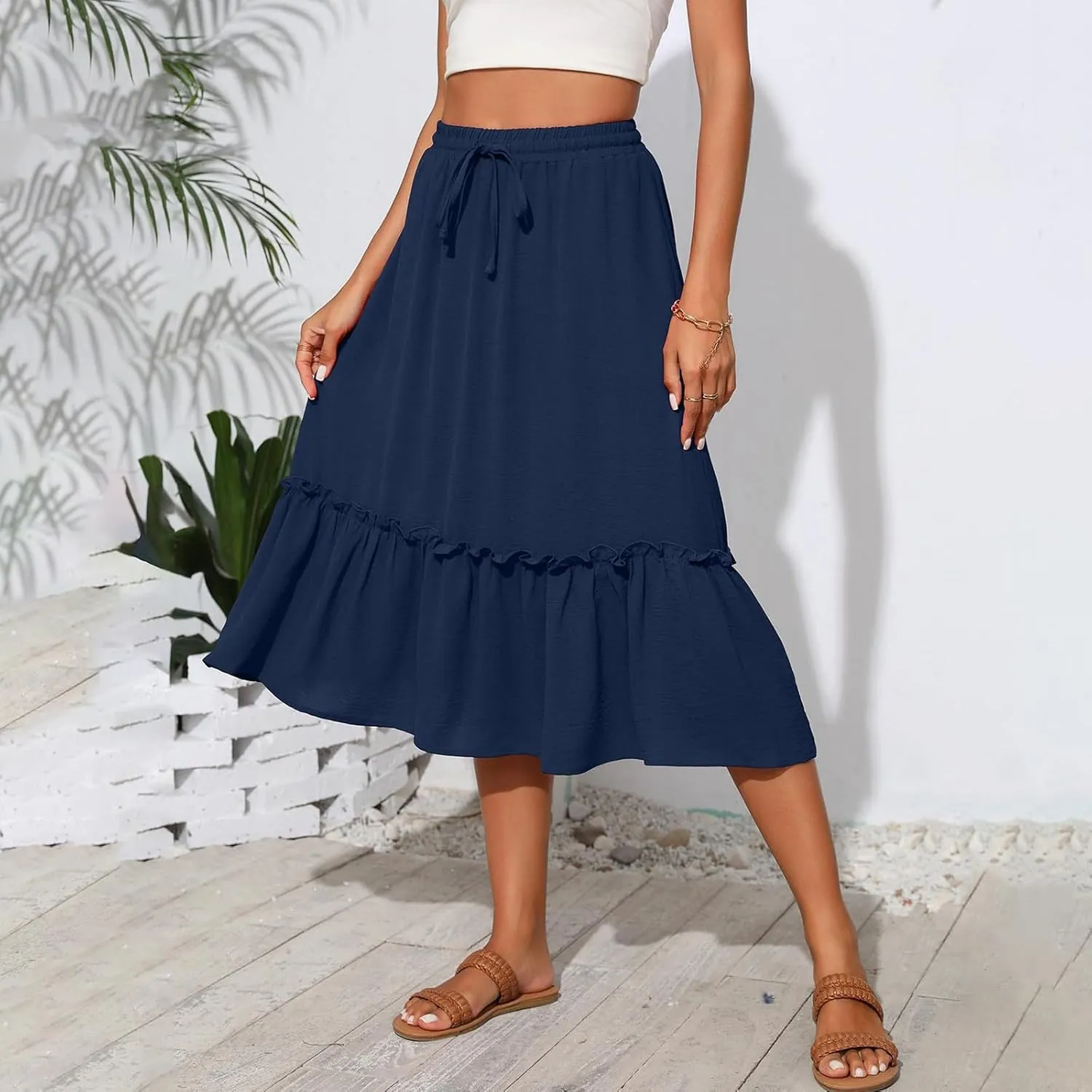 High Waisted Skirts for Women 2025 Cotton Flowy A Line Tiered Midi Skirt with Pockets Summer Beach Comfy Casual Skirt