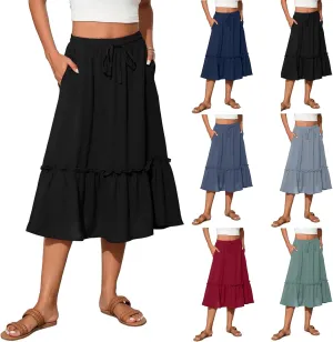 High Waisted Skirts for Women 2025 Cotton Flowy A Line Tiered Midi Skirt with Pockets Summer Beach Comfy Casual Skirt