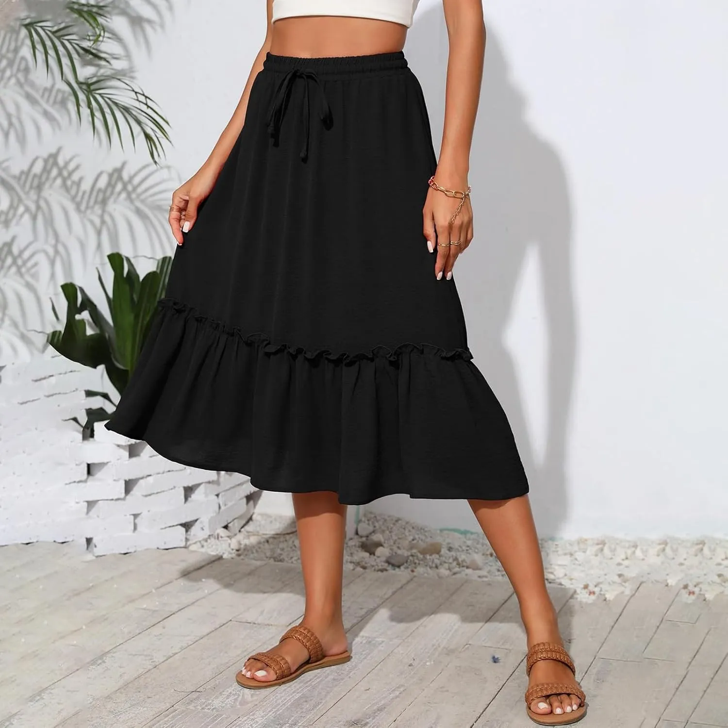 High Waisted Skirts for Women 2025 Cotton Flowy A Line Tiered Midi Skirt with Pockets Summer Beach Comfy Casual Skirt