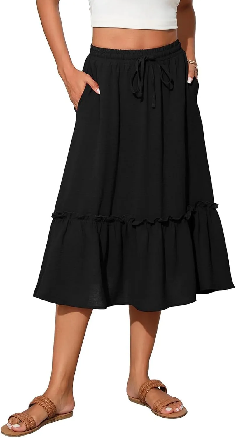 High Waisted Skirts for Women 2025 Cotton Flowy A Line Tiered Midi Skirt with Pockets Summer Beach Comfy Casual Skirt