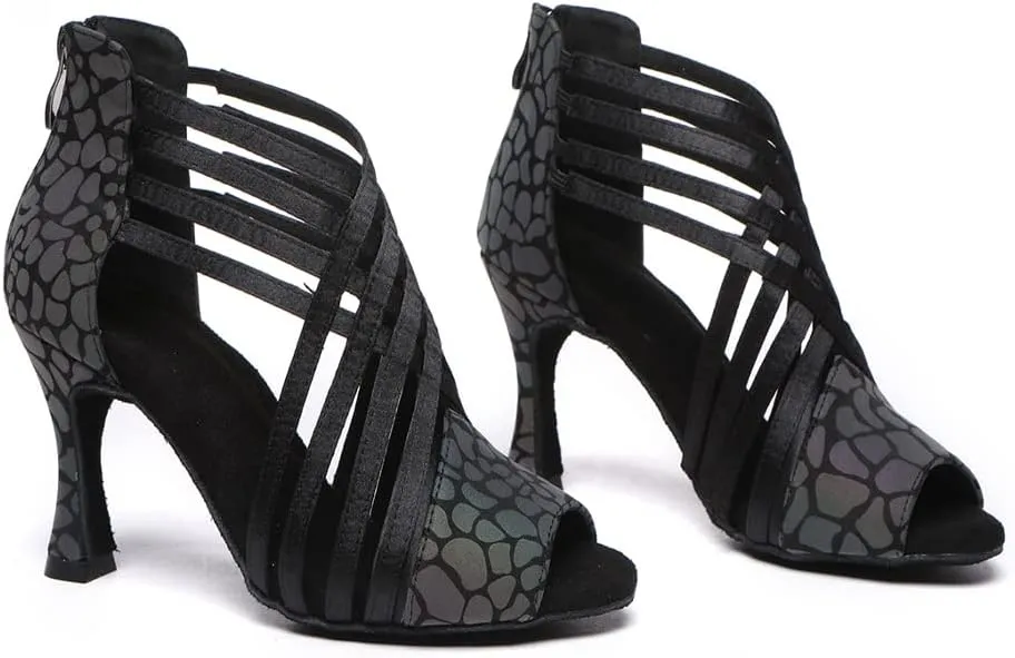 HIPPOSEUS Women Peep Toe Latin Dance Shoes with Zipper Salsa Bachata Ballroom Ankle Dance Shoes,Model L569