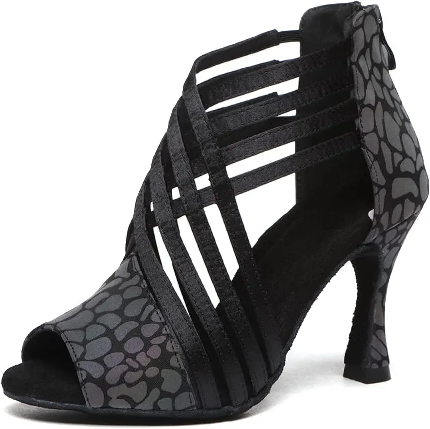 HIPPOSEUS Women Peep Toe Latin Dance Shoes with Zipper Salsa Bachata Ballroom Ankle Dance Shoes,Model L569