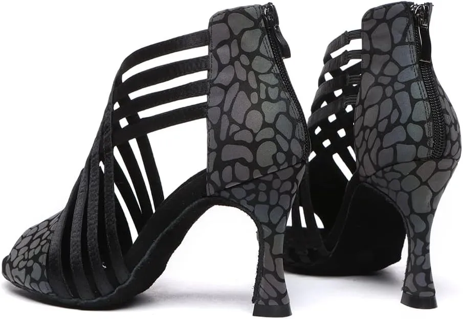 HIPPOSEUS Women Peep Toe Latin Dance Shoes with Zipper Salsa Bachata Ballroom Ankle Dance Shoes,Model L569