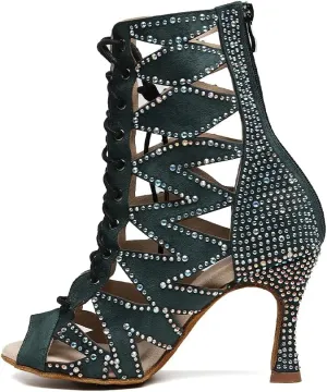 HIPPOSEUS Women's Dance Heels Booties Rhinestones Peep Toe Net Yarn Ballroom Salsa Dance Shoes Ankle Dance Boots