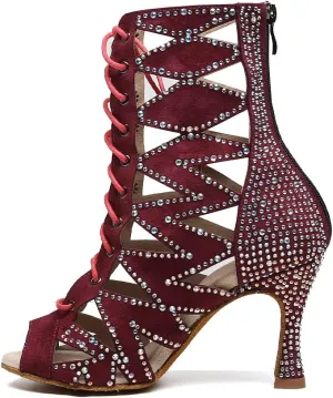HIPPOSEUS Women's Dance Heels Booties Rhinestones Peep Toe Net Yarn Ballroom Salsa Dance Shoes Ankle Dance Boots