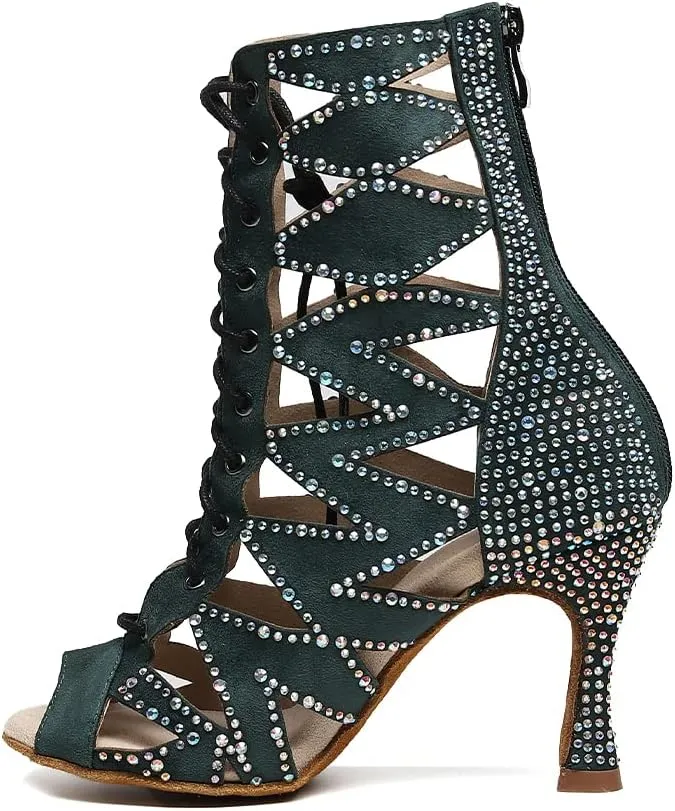 HIPPOSEUS Women's Dance Heels Booties Rhinestones Peep Toe Net Yarn Ballroom Salsa Dance Shoes Ankle Dance Boots