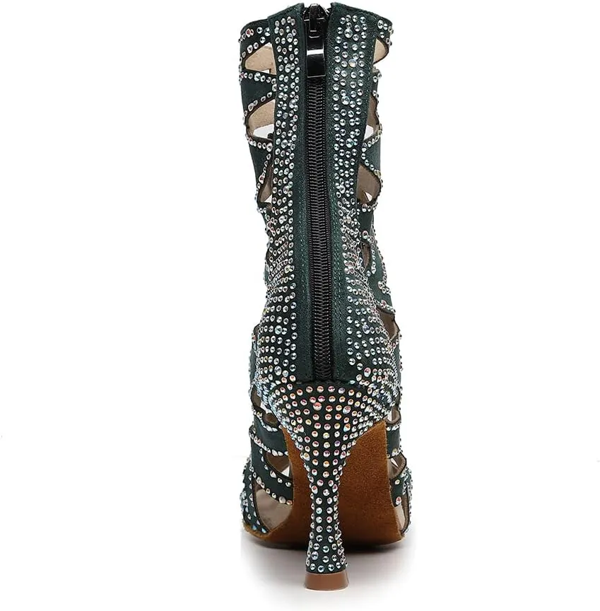 HIPPOSEUS Women's Dance Heels Booties Rhinestones Peep Toe Net Yarn Ballroom Salsa Dance Shoes Ankle Dance Boots