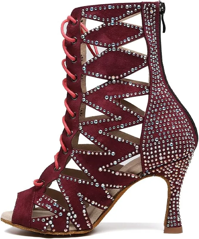 HIPPOSEUS Women's Dance Heels Booties Rhinestones Peep Toe Net Yarn Ballroom Salsa Dance Shoes Ankle Dance Boots
