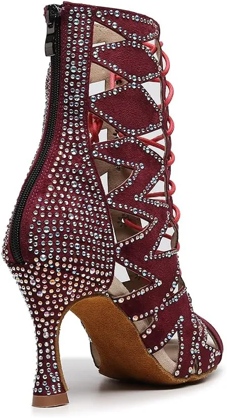 HIPPOSEUS Women's Dance Heels Booties Rhinestones Peep Toe Net Yarn Ballroom Salsa Dance Shoes Ankle Dance Boots
