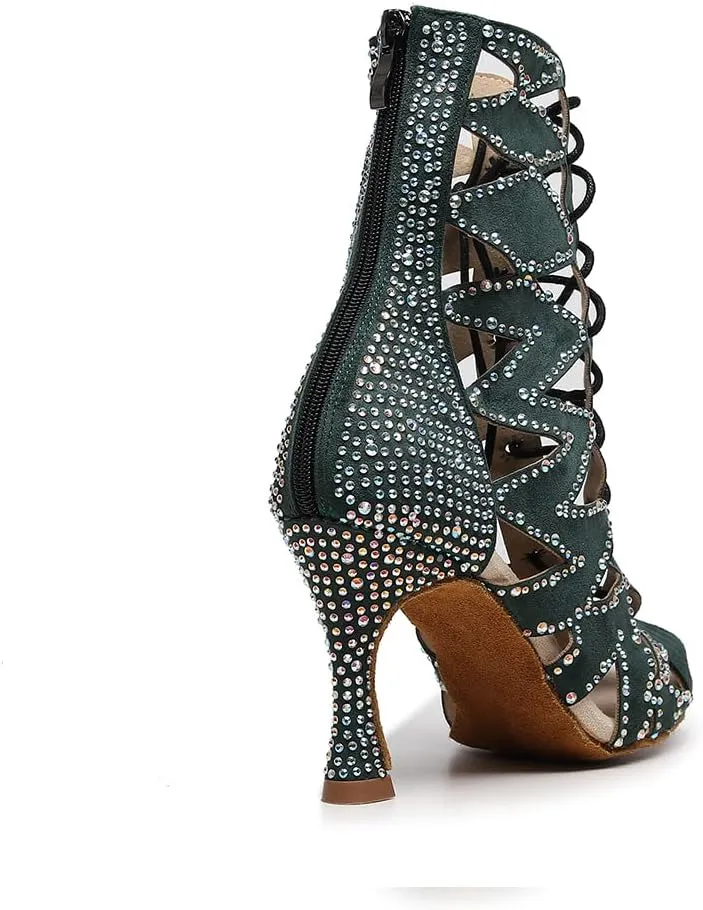 HIPPOSEUS Women's Dance Heels Booties Rhinestones Peep Toe Net Yarn Ballroom Salsa Dance Shoes Ankle Dance Boots