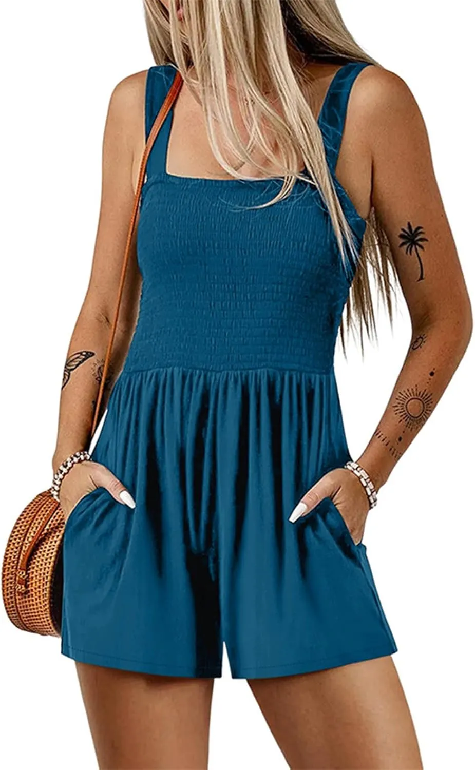 hlysgo Shorts Jumpsuit for Women Summer Casual Smocked Rompers Square Neck Sleeveless Jumpsuits 2025 Beach Vacation Outfits